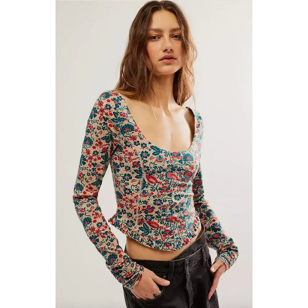 Free People Melanie Long Sleeve Top Floral Cotton Cottagecore Romantic Small NWT